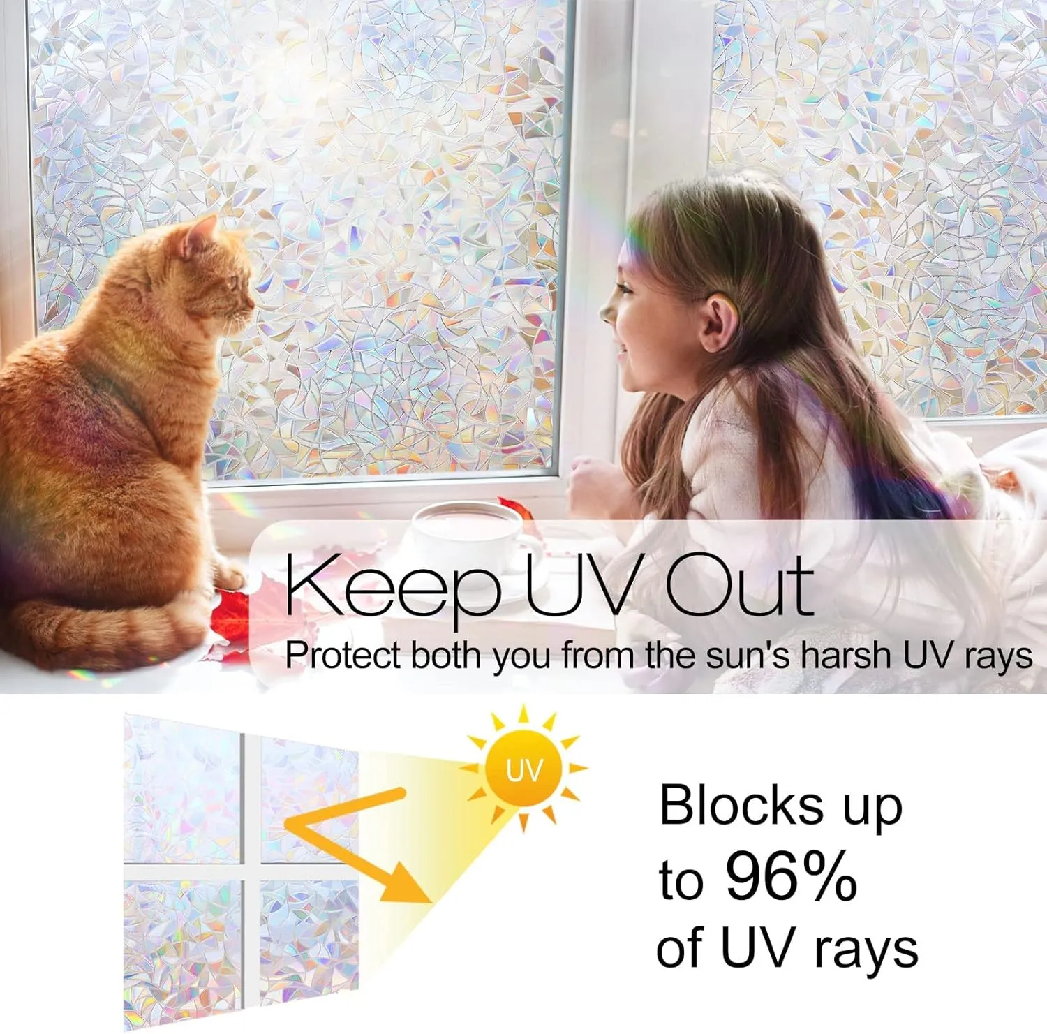 rabbitgoo Window Privacy Film Rainbow Film Decorative Window Sticker, 3D Static Stained Glass Cling Tint for Home Heat Control Non-Adhesive, 29.5 x 78.7 inches
