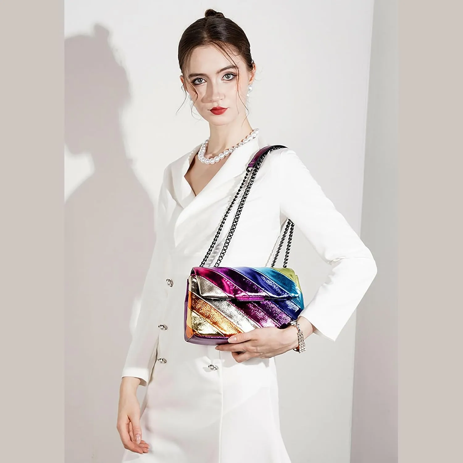 Rainbow Stripe Crossbody Bag For Women Handbag Purse - Contrast Color Stitching PU Leather with Chain Strap