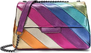 Rainbow Stripe Crossbody Bag For Women Handbag Purse - Contrast Color Stitching PU Leather with Chain Strap
