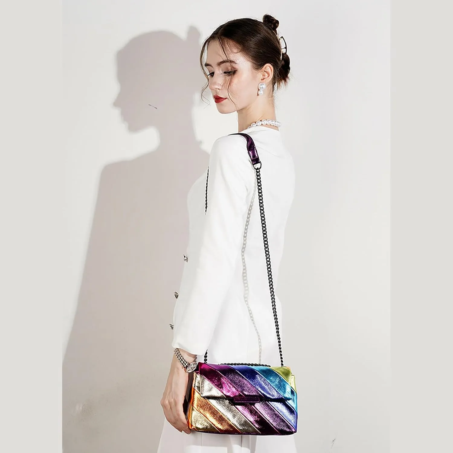 Rainbow Stripe Crossbody Bag For Women Handbag Purse - Contrast Color Stitching PU Leather with Chain Strap