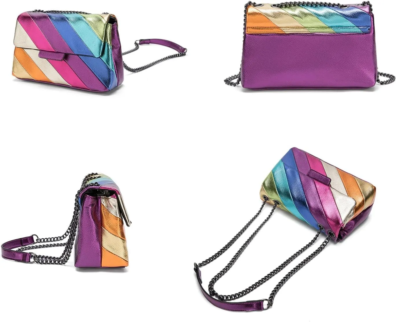 Rainbow Stripe Crossbody Bag For Women Handbag Purse - Contrast Color Stitching PU Leather with Chain Strap