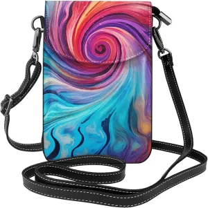 Rainbow Tie Dye Leather Crossbody Bag For Women, Abstract Art Swirl Small Cell Phone Purse Mini Shoulder Phone Bag Wallet Pouch