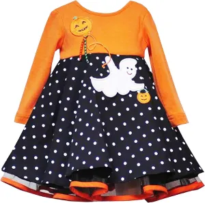 Rare Editions Baby Girls 3M-24M Orange/Black/White Polka Dot Ghost Applique Skater Dress