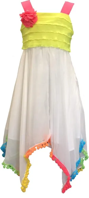 Rare Editions Little Girls 2T-6X White/Yellow Pom-Pom Hanky Hem Dress