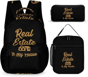 Real Estate Is My Hustle 3 Pieces Backpack Set with Lunch Bag Pencil Case Travel Daypack Lunch Tote Bags Purse