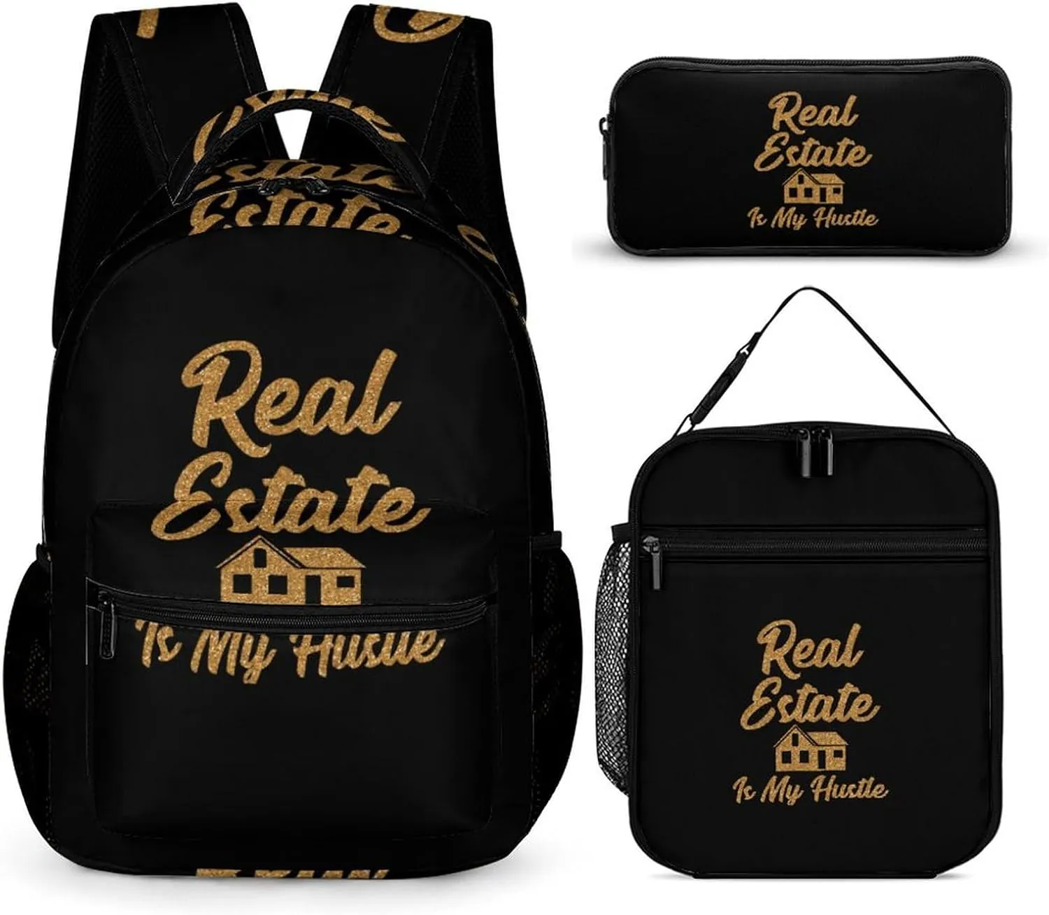 Real Estate Is My Hustle 3 Pieces Backpack Set with Lunch Bag Pencil Case Travel Daypack Lunch Tote Bags Purse