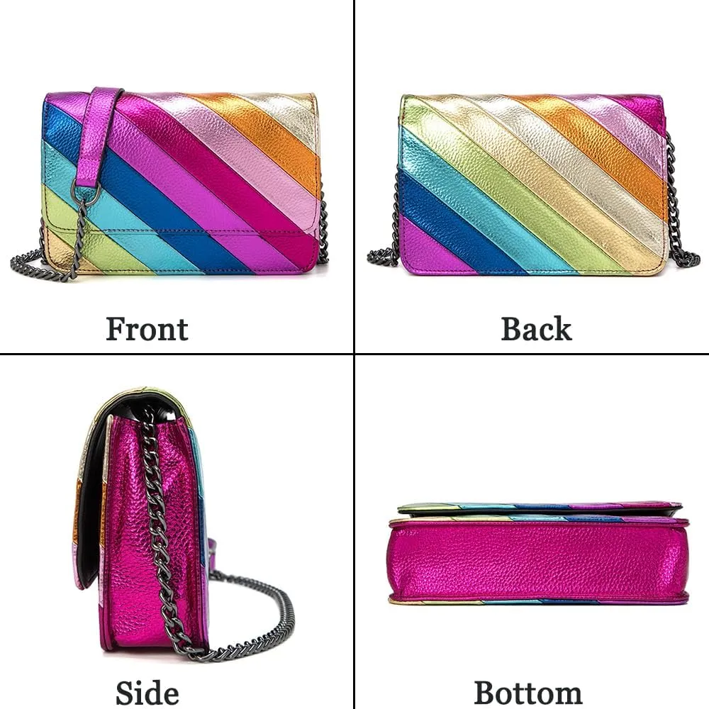 Rejolly Rainbow Stripe Crossbody Shoulder Bag for Women Color Blocking PU Leather Colourful Purse with Chain Strap