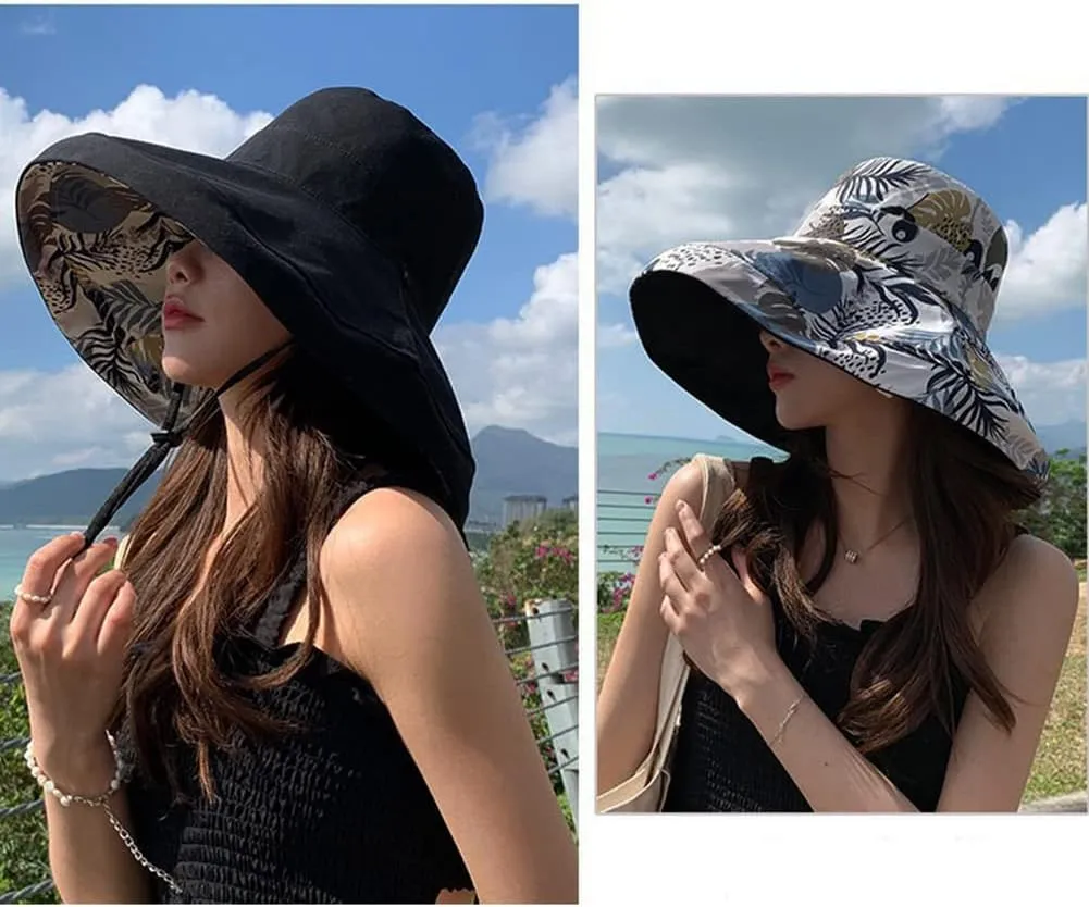 Reversible Floral Sun Hats UV Protection UPF Packable Wide Brim Chin Strap Women