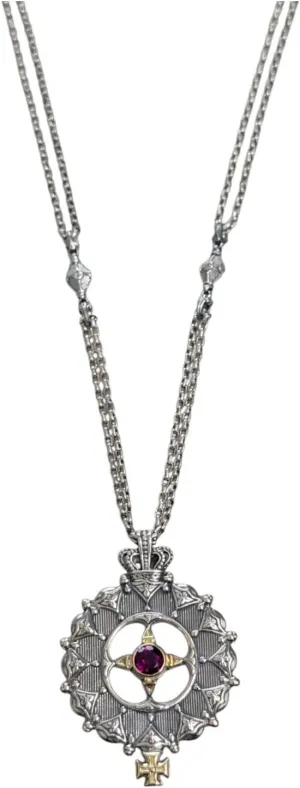 Rhodolite, Silver & 18K Gold Pendant Necklace KOMK4774-128-CUT-22