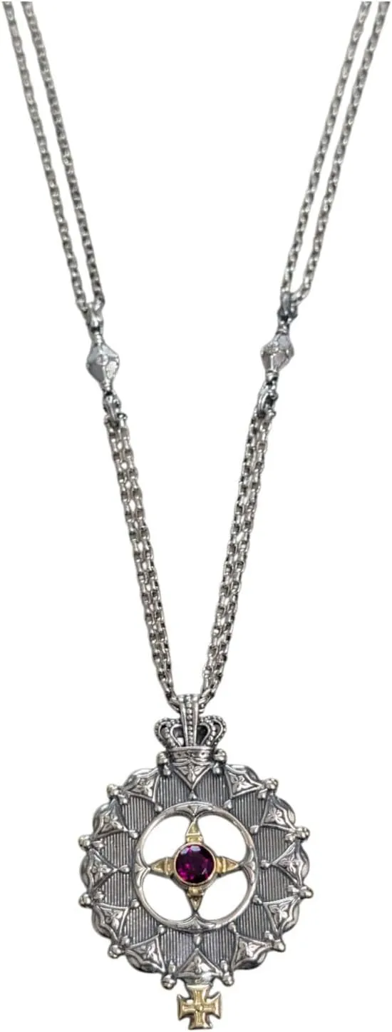Rhodolite, Silver & 18K Gold Pendant Necklace KOMK4774-128-CUT-22