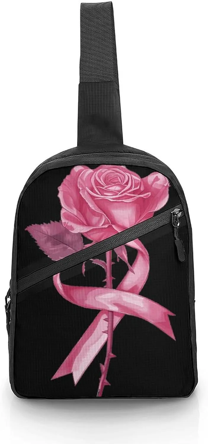 Ribbon Cancer And Rose Foldable Crossbody Sling Bags Shoulder Backpack Chest DayPack Handbag