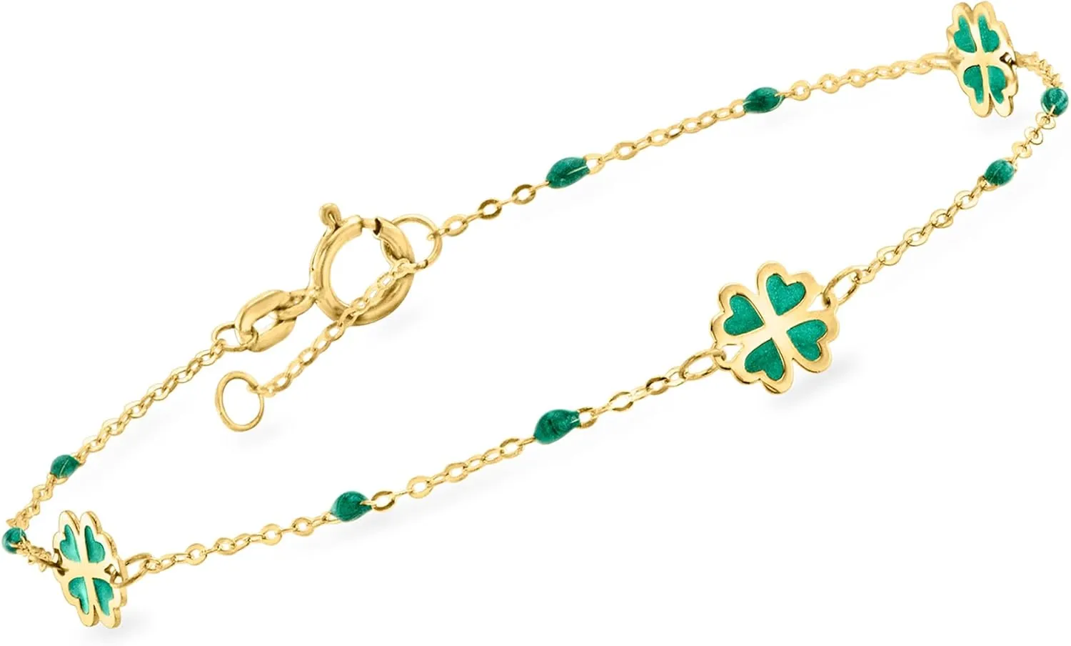Ross-Simons Italian Green Enamel Clover Station Bracelet in 14kt Yellow Gold. 6.5 inches