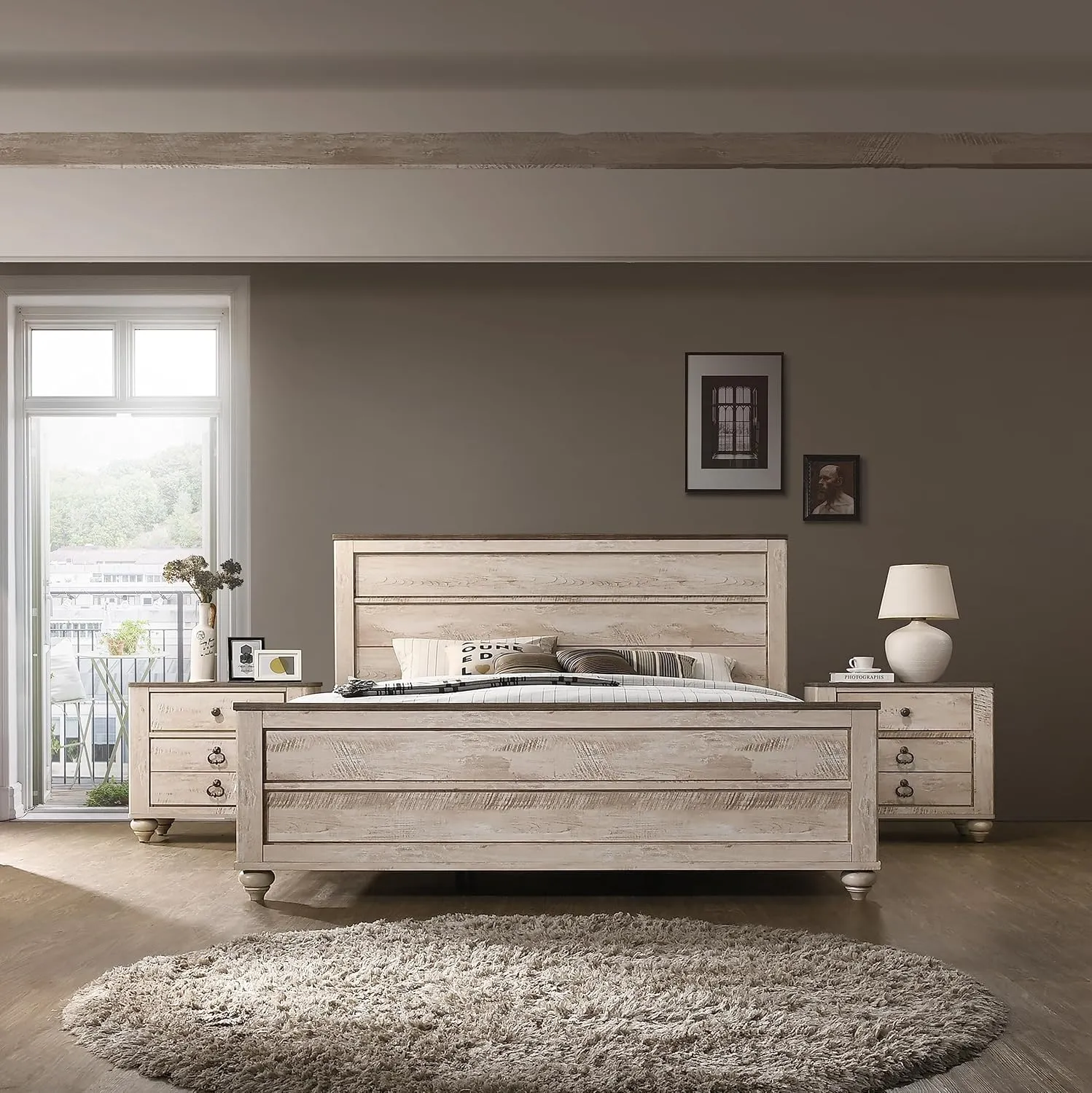 Roundhill Furniture Imerland Contemporary 3-Piece Bedroom Set, Queen, White Wash Finish
