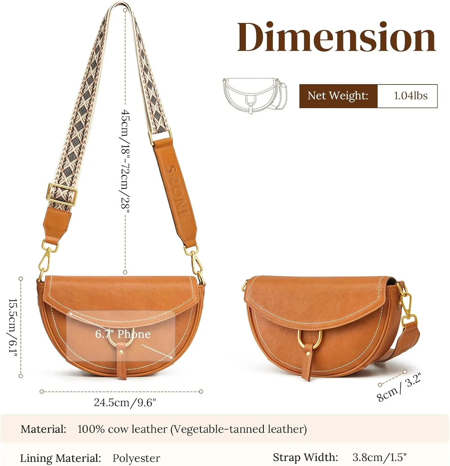 S-ZONE Crossbody Bags for Women Top Grain Leather Shoulder Bag Small Cross Body Purse with Adjustable Wide Strap