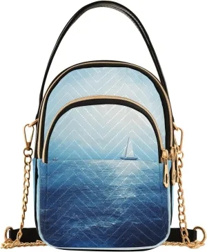 Sailboat Ocean Wave Multi Pockets Crossbody Bags for Women Zip Cell Phone Purse Wallet Bag with Detachable Shoulder Strap Handbag Purse for Women Girls Trendy Shopping Traveling Working Gift
