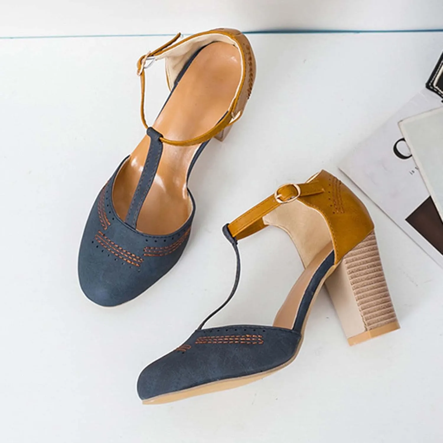 Sandals for Womens Chunky High Heel Buckle Ankle Shoes Plus Size Fashion Hollowed out Summer Casual Roman Sandals