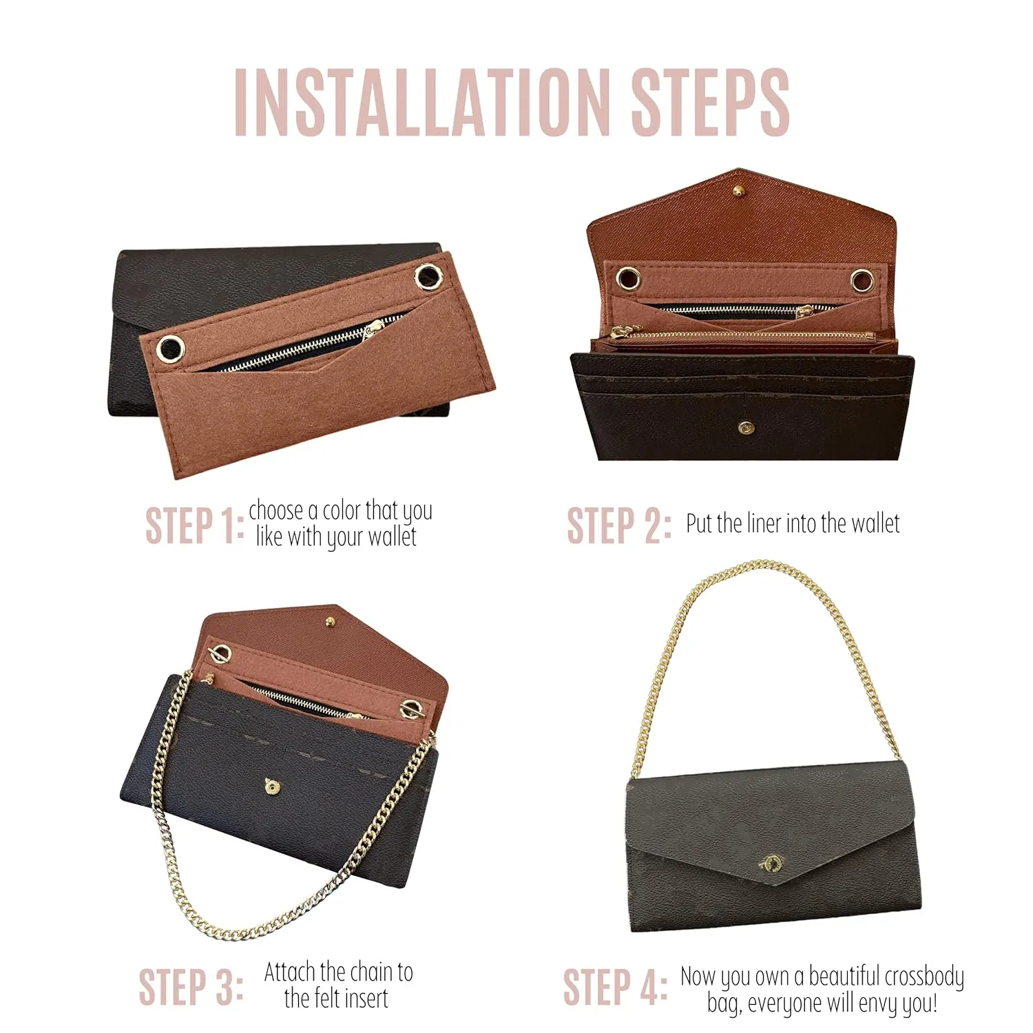 Sarah Wallet Insert Purse Conversion Kit for Sarah Wallet with Gold Chain Sarah Wallet on Chain (120cm Gold Chain - Crossbody Fit, Brown)