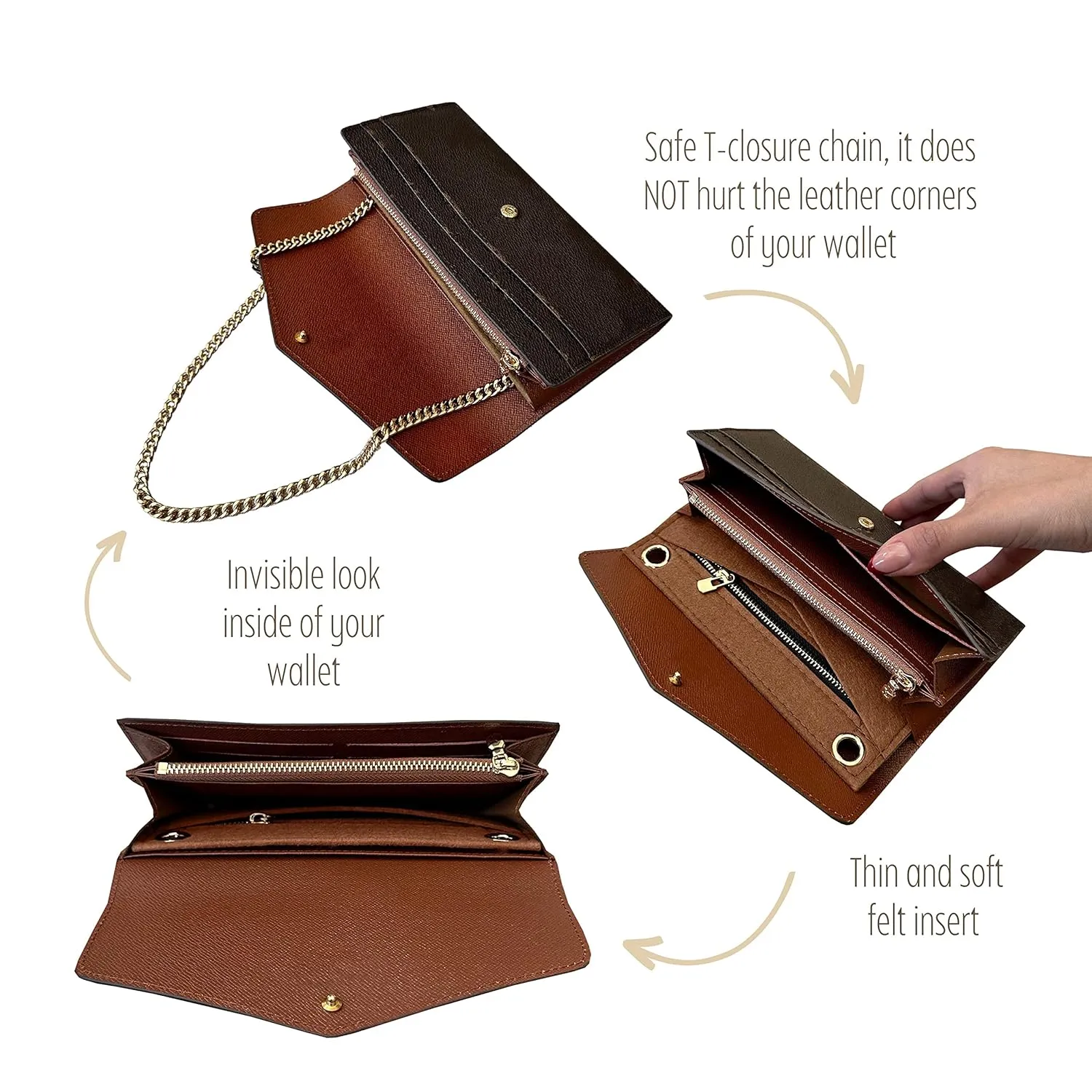 Sarah Wallet Insert Purse Conversion Kit for Sarah Wallet with Gold Chain Sarah Wallet on Chain (120cm Gold Chain - Crossbody Fit, Brown)