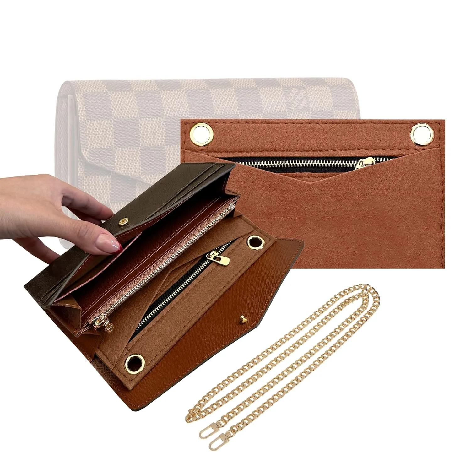 Sarah Wallet Insert Purse Conversion Kit for Sarah Wallet with Gold Chain Sarah Wallet on Chain (120cm Gold Chain - Crossbody Fit, Brown)