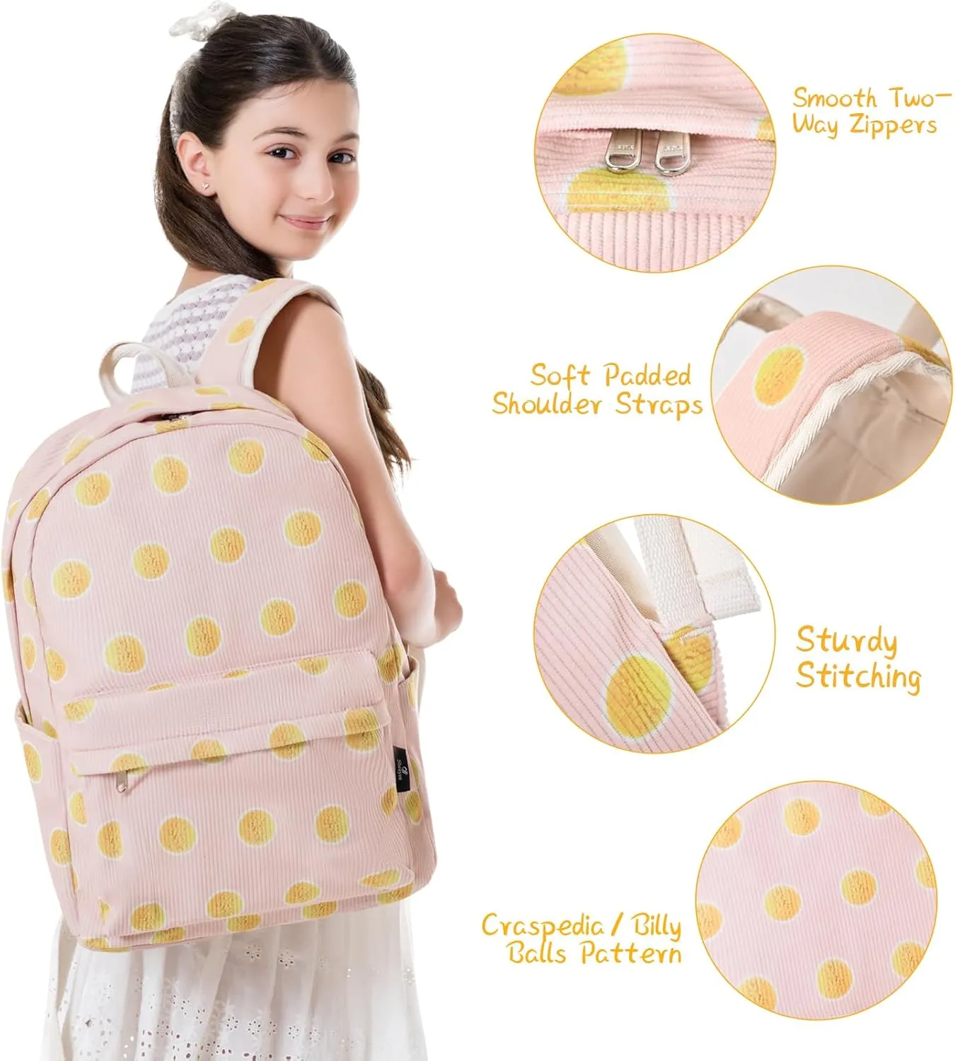 School Backpack for Girls Teen Girl Backpack with Lunch Box Kids Bookbag for Elementary (Craspedia/Billy Balls-Pink)