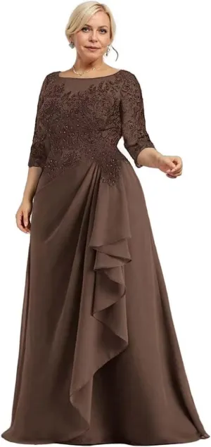 Scoop Neck Mother of The Bride Dress for Wedding 3/4 Sleeves Laces Applique Ruffles Mother of The Groom Dress