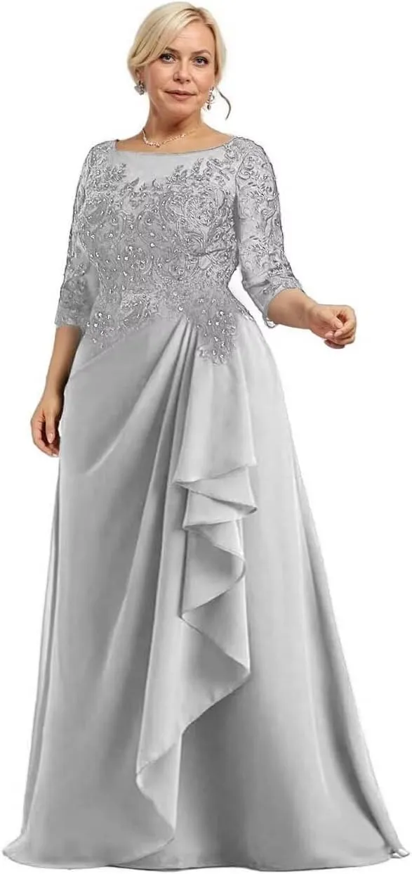 Scoop Neck Mother of The Bride Dress for Wedding 3/4 Sleeves Laces Applique Ruffles Mother of The Groom Dress
