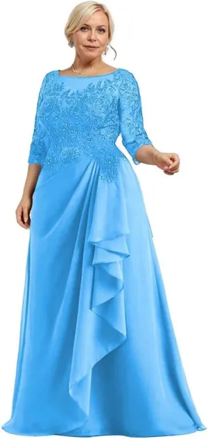 Scoop Neck Mother of The Bride Dress for Wedding 3/4 Sleeves Laces Applique Ruffles Mother of The Groom Dress