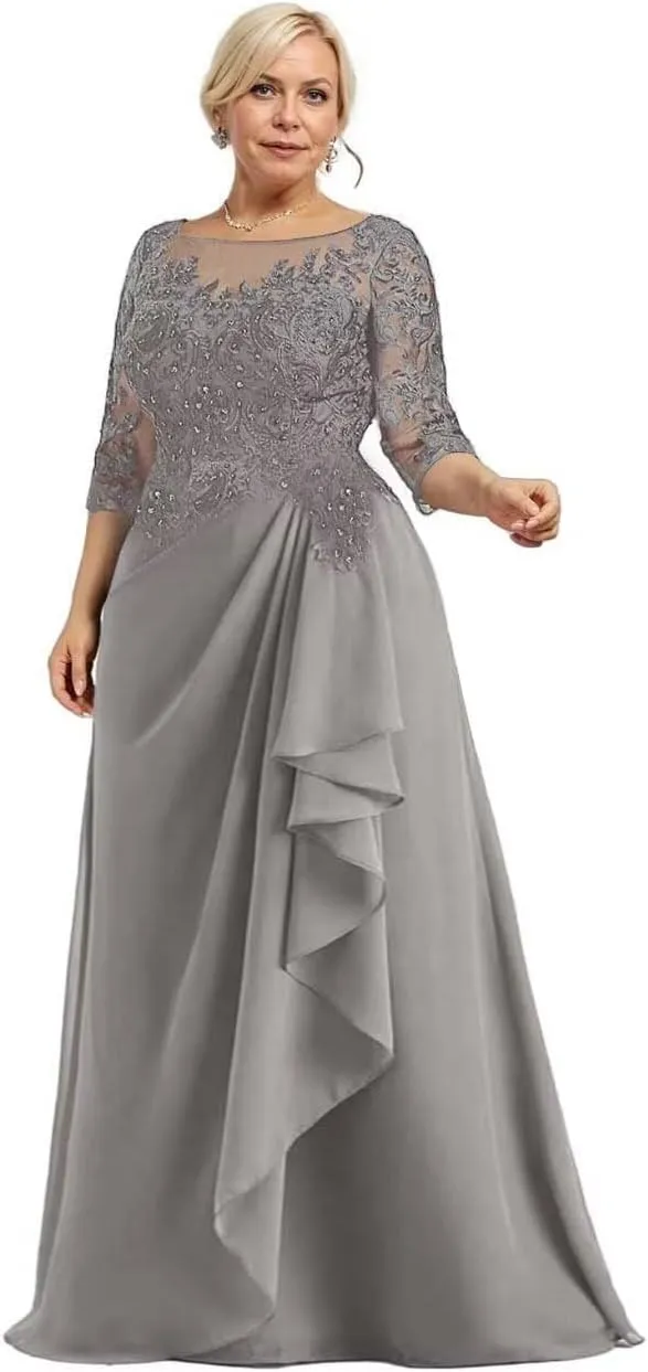 Scoop Neck Mother of The Bride Dress for Wedding 3/4 Sleeves Laces Applique Ruffles Mother of The Groom Dress