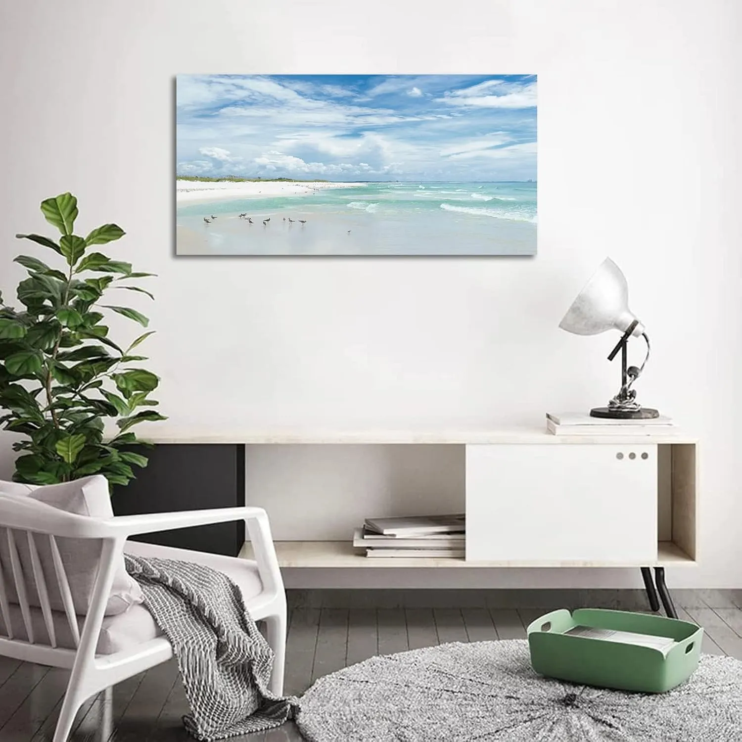 Sea Beach Canvas Wall Art Aqua Ocean Canvas Pictures Nature Wall Decor Sea Birds Coastal Landscape Canvas Prints Modern Seascape Canvas Artwork for Living Room Bedroom Office Wall Decoration 20" x 40"