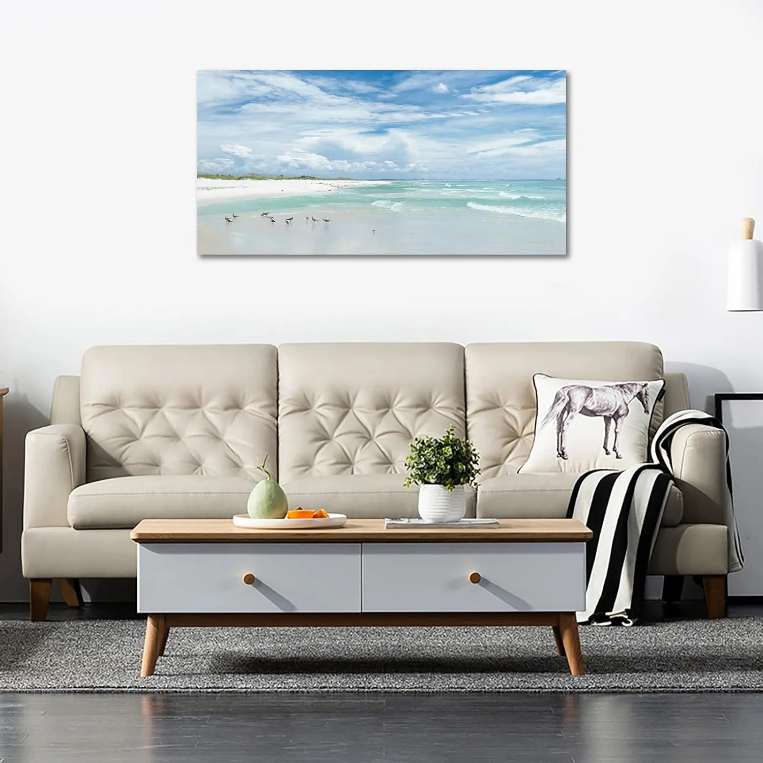 Sea Beach Canvas Wall Art Aqua Ocean Canvas Pictures Nature Wall Decor Sea Birds Coastal Landscape Canvas Prints Modern Seascape Canvas Artwork for Living Room Bedroom Office Wall Decoration 20" x 40"