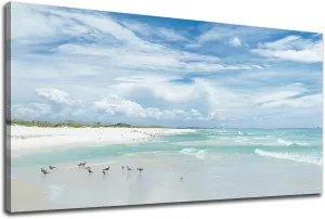 Sea Beach Canvas Wall Art Aqua Ocean Canvas Pictures Nature Wall Decor Sea Birds Coastal Landscape Canvas Prints Modern Seascape Canvas Artwork for Living Room Bedroom Office Wall Decoration 20" x 40"