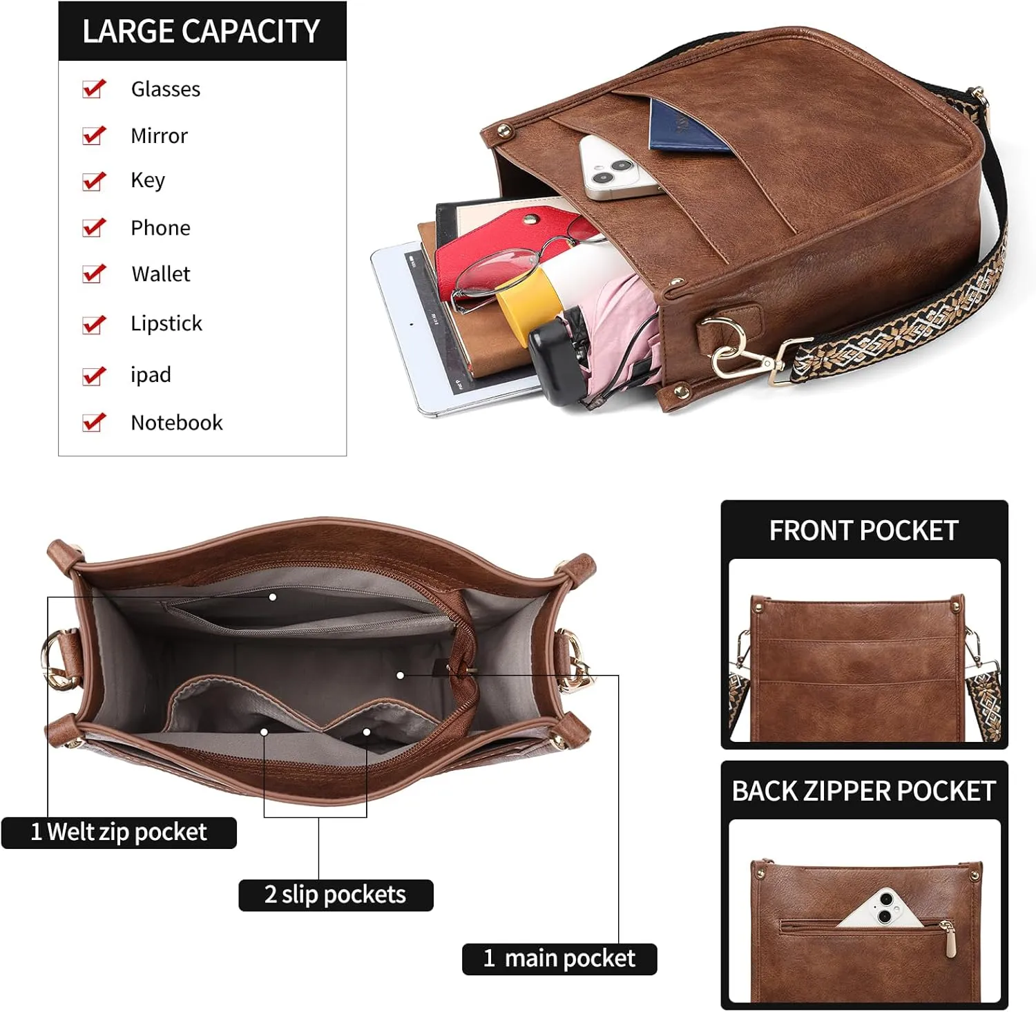 SENDEFN Crossbody Bags for Women Vegan Leather Hobo Purses Shoulder Handbags With Wide Shoulder Strap