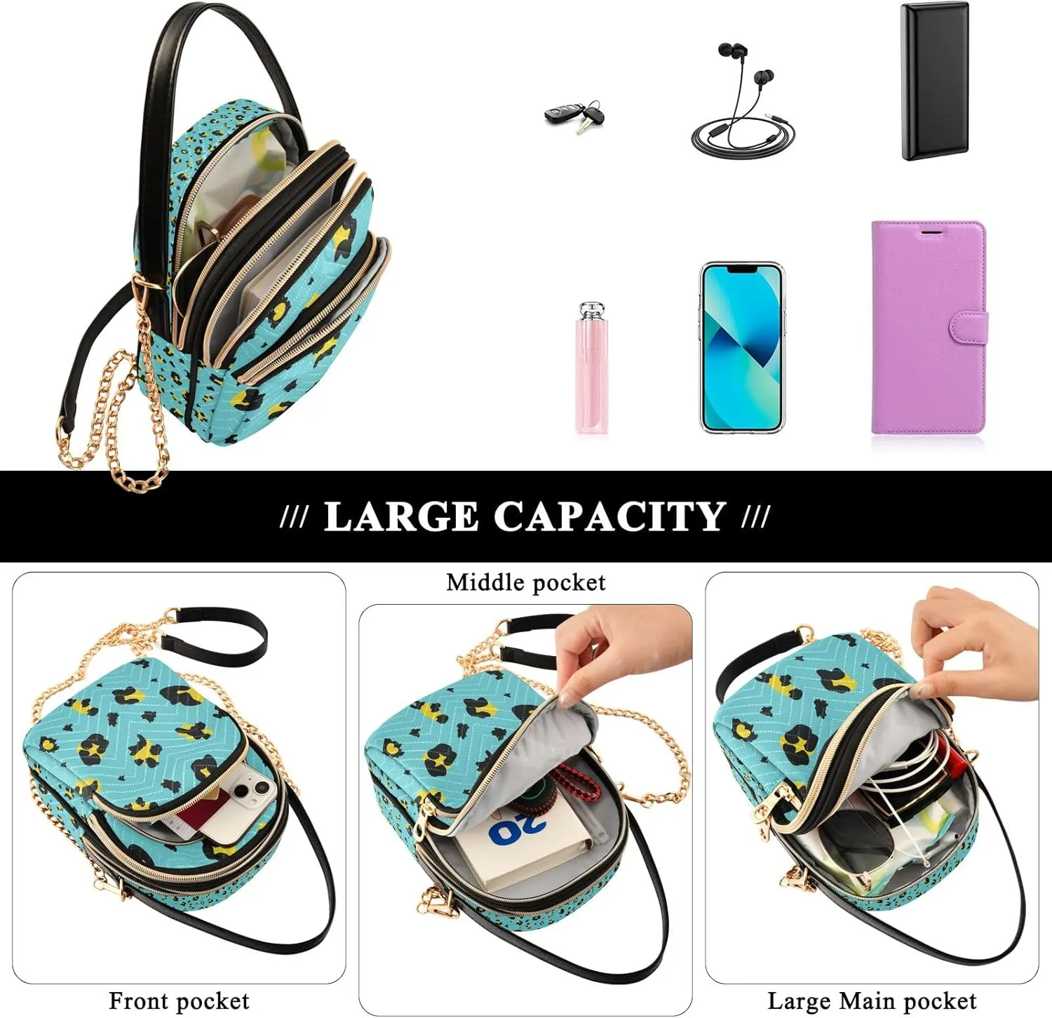 senya Pink Black Leopard Crossbody Handbags for Women Casual Leather Shoulder Phone Purse