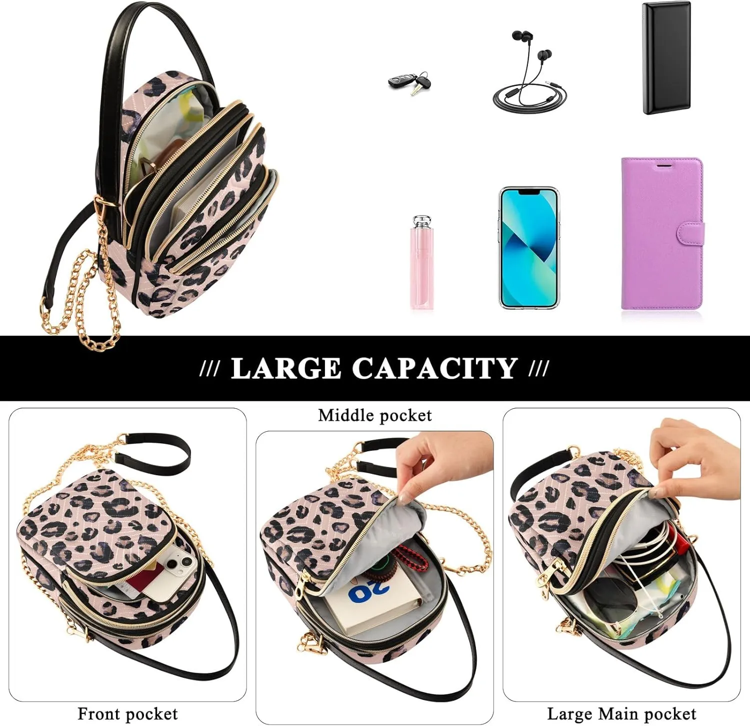 senya Pink Black Leopard Crossbody Handbags for Women Casual Leather Shoulder Phone Purse