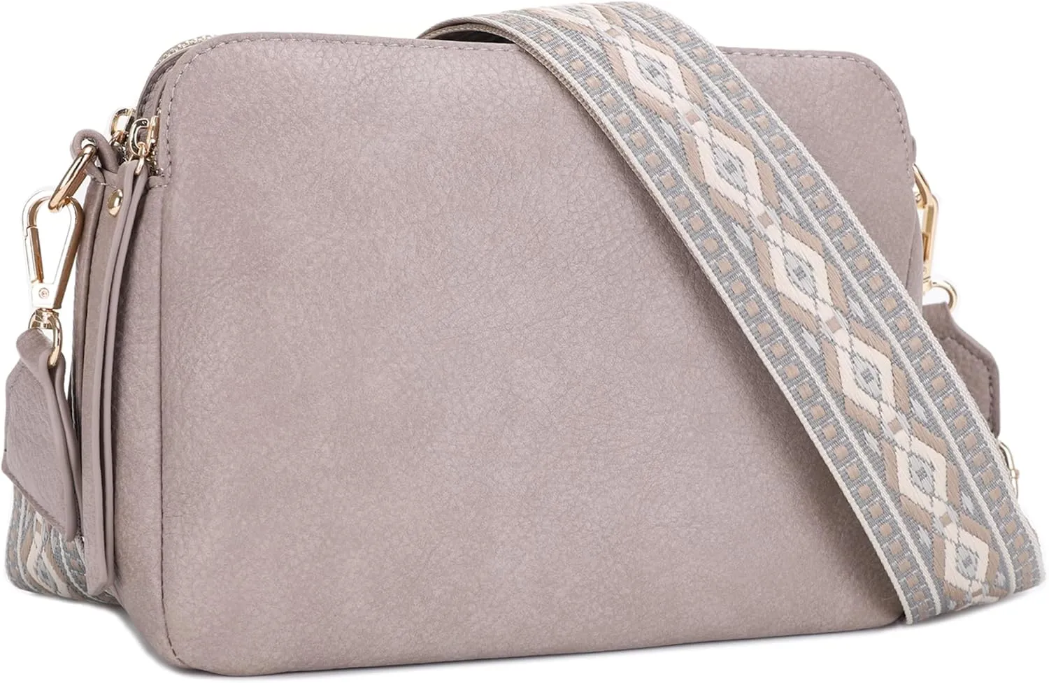SG SUGU Triple Compartment Crossbody Bag for Women Trendy Vegan Leather Shoulder Bag with 2 inch Wide Guitar Strap