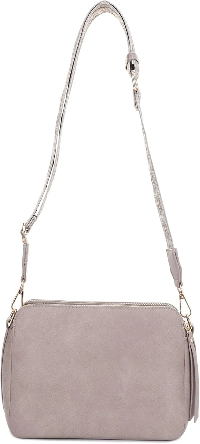 SG SUGU Triple Compartment Crossbody Bag for Women Trendy Vegan Leather Shoulder Bag with 2 inch Wide Guitar Strap
