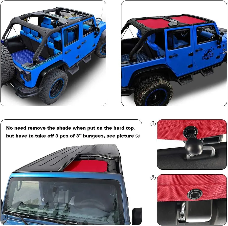 Shadeidea JK Sun Shade Top Compatible with Jeep Wrangler JKU Top Sunshade Soft Mesh Roof Cover (2007-2018)- Wind Noise UV Blocker -10 Year Warranty -4 Door -Cherry Red -Front&Rear (2 pcs)