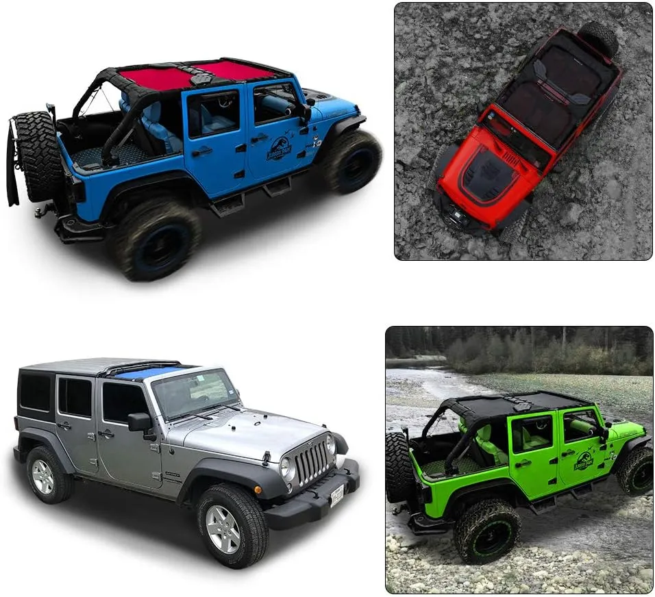 Shadeidea JK Sun Shade Top Compatible with Jeep Wrangler JKU Top Sunshade Soft Mesh Roof Cover (2007-2018)- Wind Noise UV Blocker -10 Year Warranty -4 Door -Cherry Red -Front&Rear (2 pcs)
