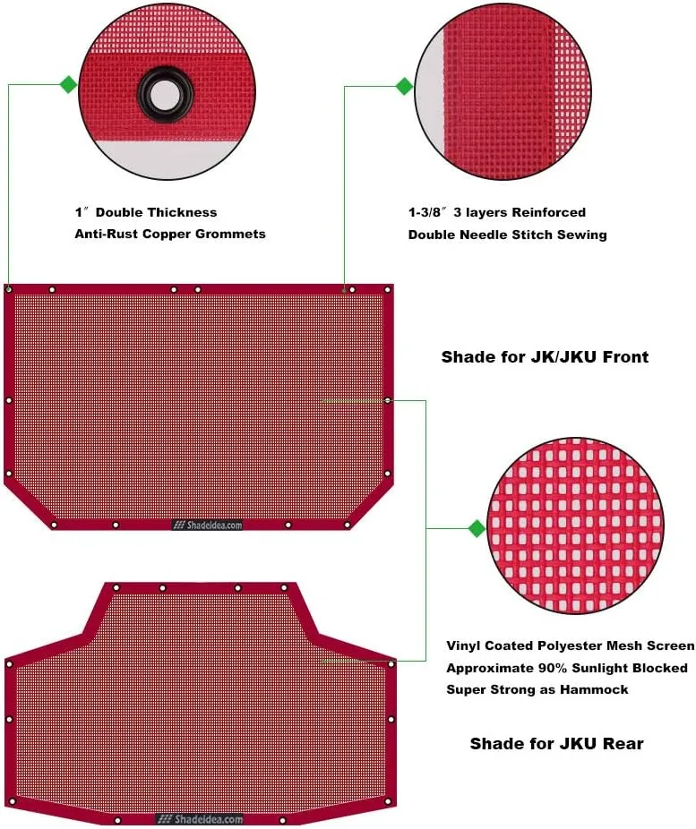 Shadeidea JK Sun Shade Top Compatible with Jeep Wrangler JKU Top Sunshade Soft Mesh Roof Cover (2007-2018)- Wind Noise UV Blocker -10 Year Warranty -4 Door -Cherry Red -Front&Rear (2 pcs)