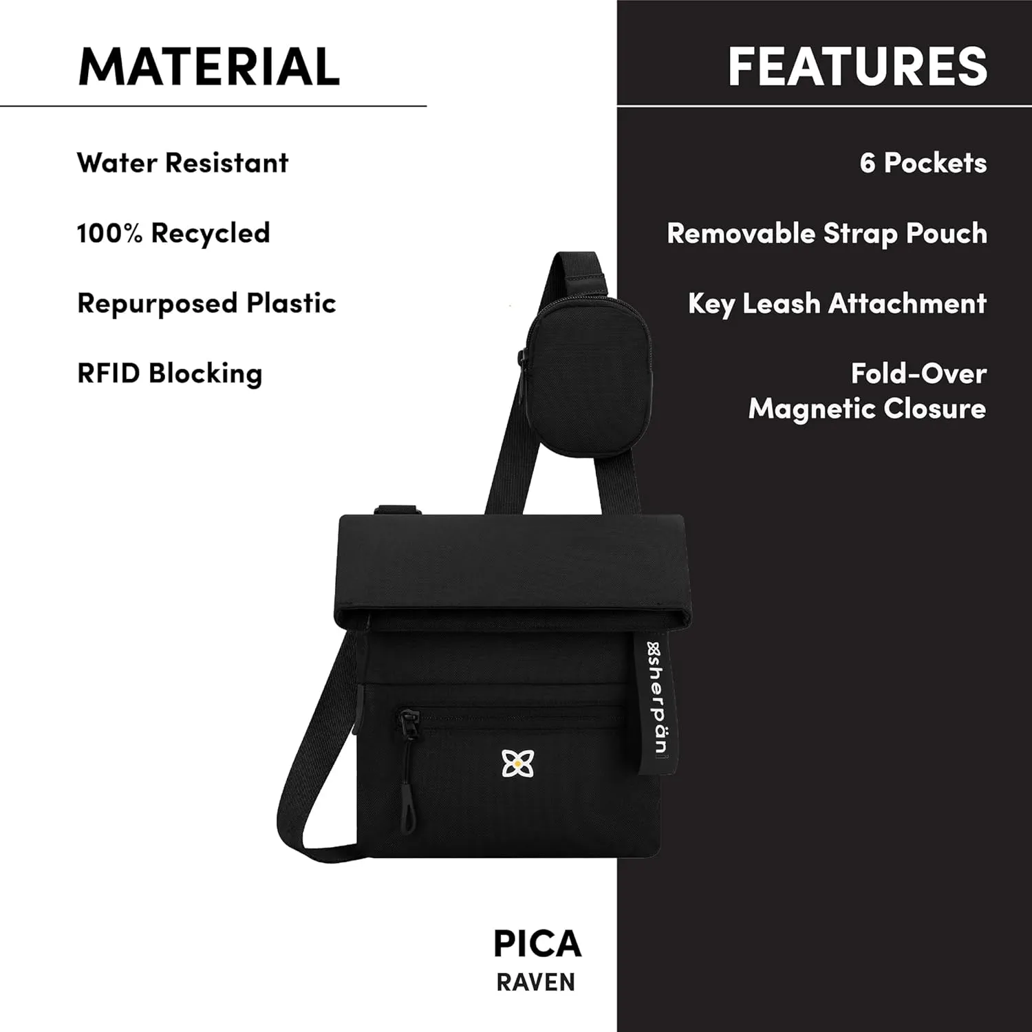 Sherpani Pica, Small Crossbody, Nylon Shoulder Bag, Lightweight 4L Purse for Women, Travel Cross Body Bag with RFID Protection, Removable Coin Purse, Travel Gift for Mothers Day 2025 (Raven)