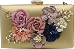 Shiiriin Women's 3D Floral Pearl Clutch Purse perfect for Bridal, Wedding, evening and Parties