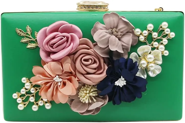 Shiiriin Women's 3D Floral Pearl Clutch Purse perfect for Bridal, Wedding, evening and Parties