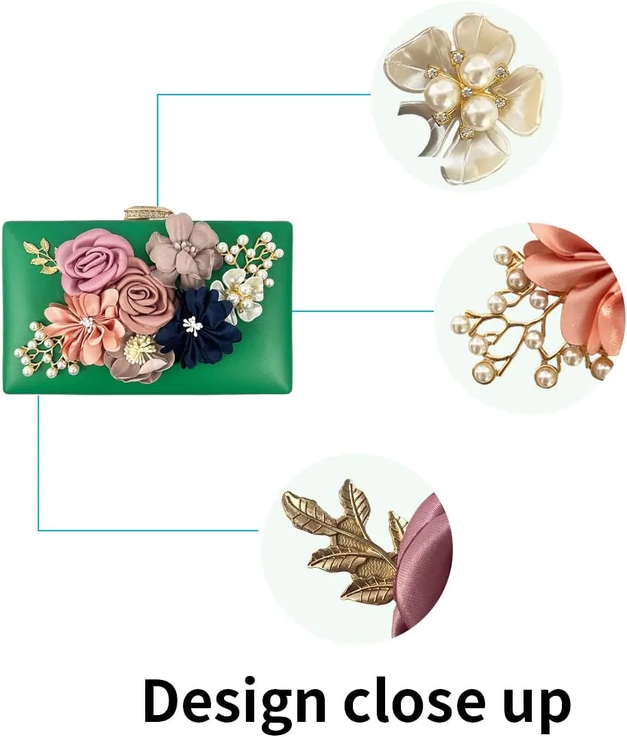 Shiiriin Women's 3D Floral Pearl Clutch Purse perfect for Bridal, Wedding, evening and Parties