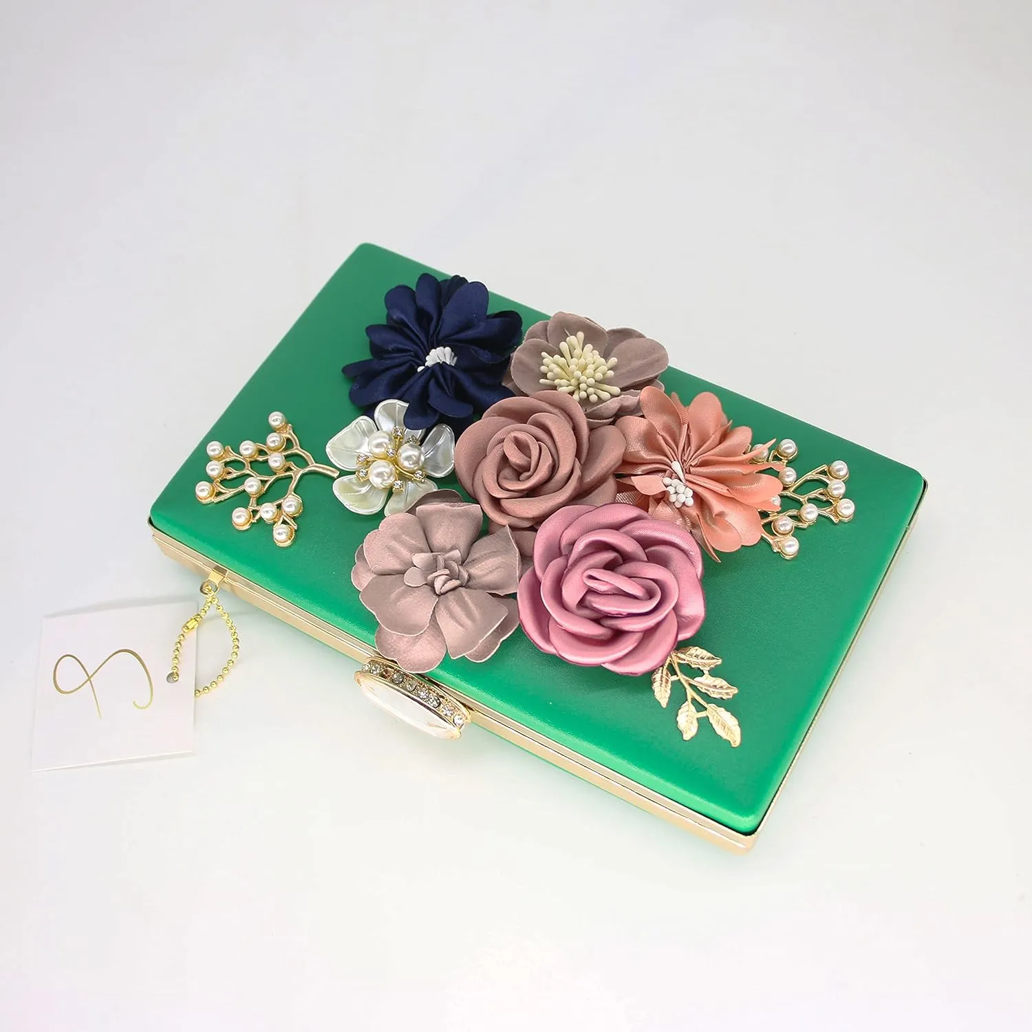Shiiriin Women's 3D Floral Pearl Clutch Purse perfect for Bridal, Wedding, evening and Parties