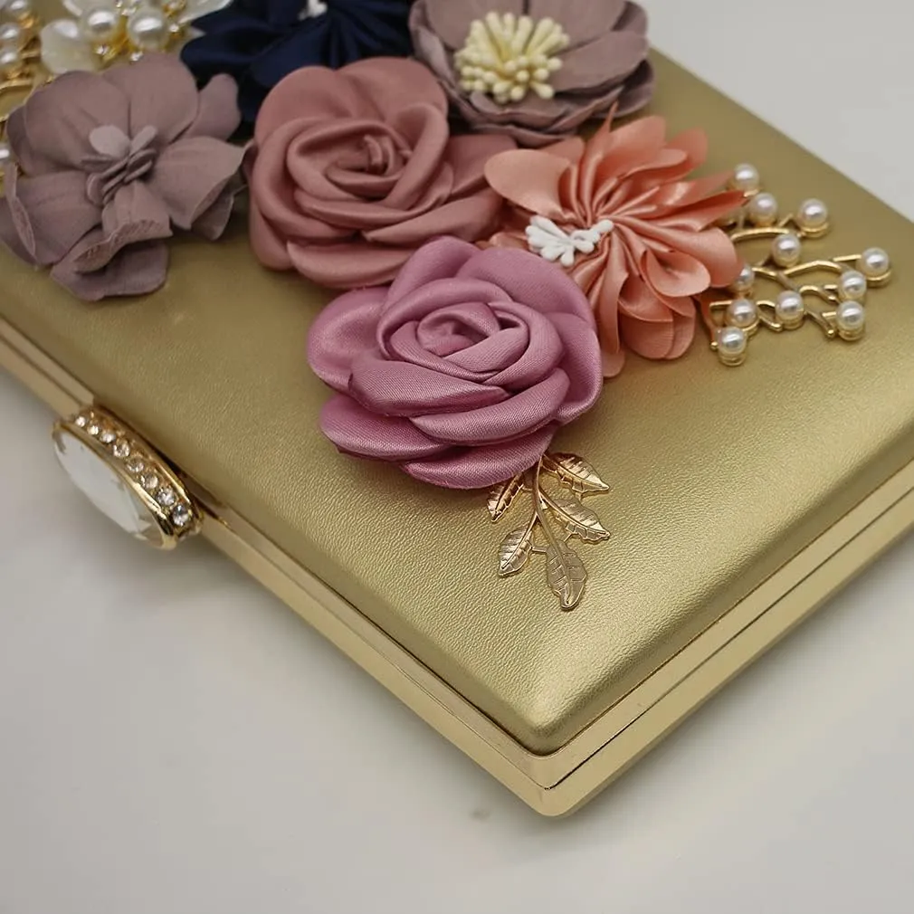 Shiiriin Women's 3D Floral Pearl Clutch Purse perfect for Bridal, Wedding, evening and Parties