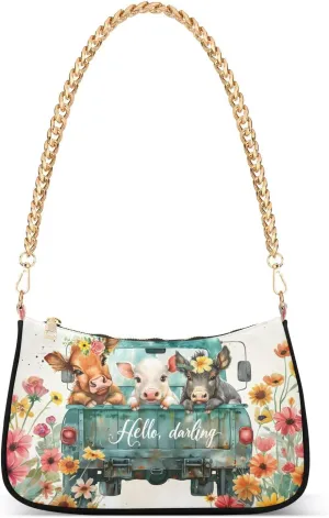 Shoulder Bags for Women A Lovely Highland Cow Pig and Donkey Baby Are Sitting in The Back Seat Of An Old Blue-green Truck Hobo Tote Handbag Small Clutch Purse with Zipper Closure