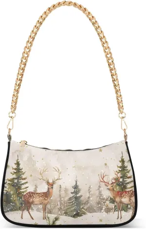 Shoulder Bags for Women Christmas Forest Deer Gold Snowflakes01 Hobo Tote Handbag Small Clutch Purse with Zipper Closure