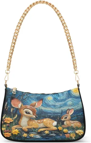 Shoulder Bags for Women Deer Lying Starry Night Hobo Tote Handbag Small Clutch Purse with Zipper Closure