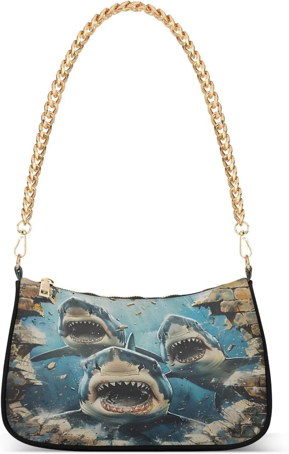 Shoulder Bags for Women Sharks Break Through Walls Hobo Tote Handbag Small Clutch Purse with Zipper Closure