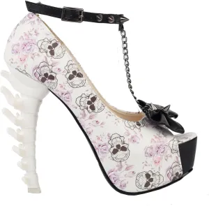 SHOW STORY White Woman Sexy Women Butterfly Print Studs Chain Peeptoe Platform Bone Heel Pumps,LF80631